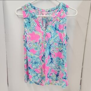 Womens Small Lilly Pulitzer Tank-Top Gold Buttons Blue/Pink/Green #Beachy